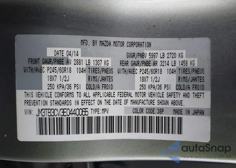 2014 Mazda Cx-9 Touring from USA, damaged, VIN JM3TB3CV3E0440065